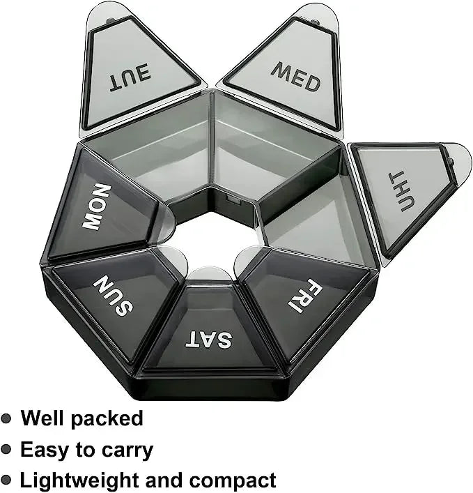 A black weekly pill organizer divided into seven sections labeled MON, TUE, WED, THU, FRI, SAT, and SUN.