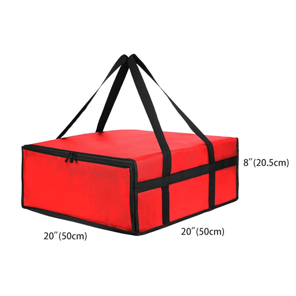 Red insulated non-woven pizza delivery bag with black handles and reinforced sides