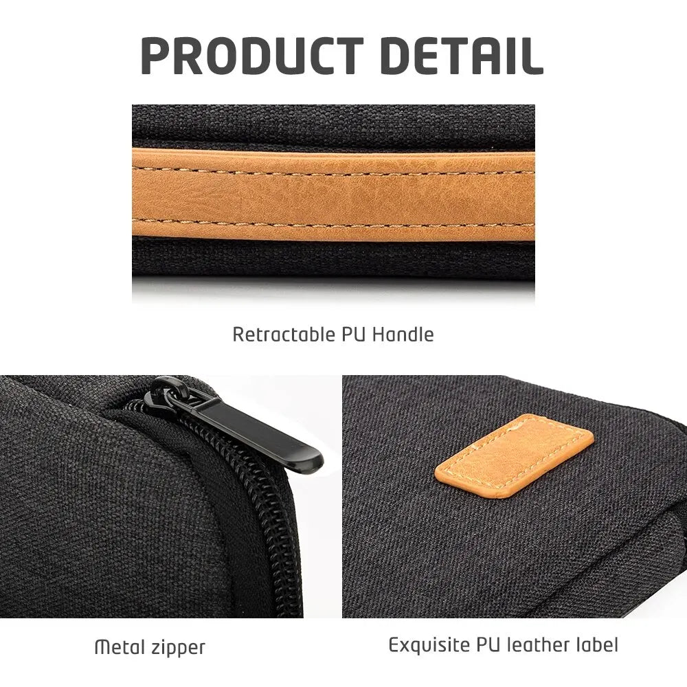 Gros plan d'une housse d'ordinateur portable noire montrant une poignée en PU rétractable et une fermeture éclair métallique.
