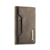 A dark brown leather trifold magnetic card holder wallet with embossed DGMING branding.