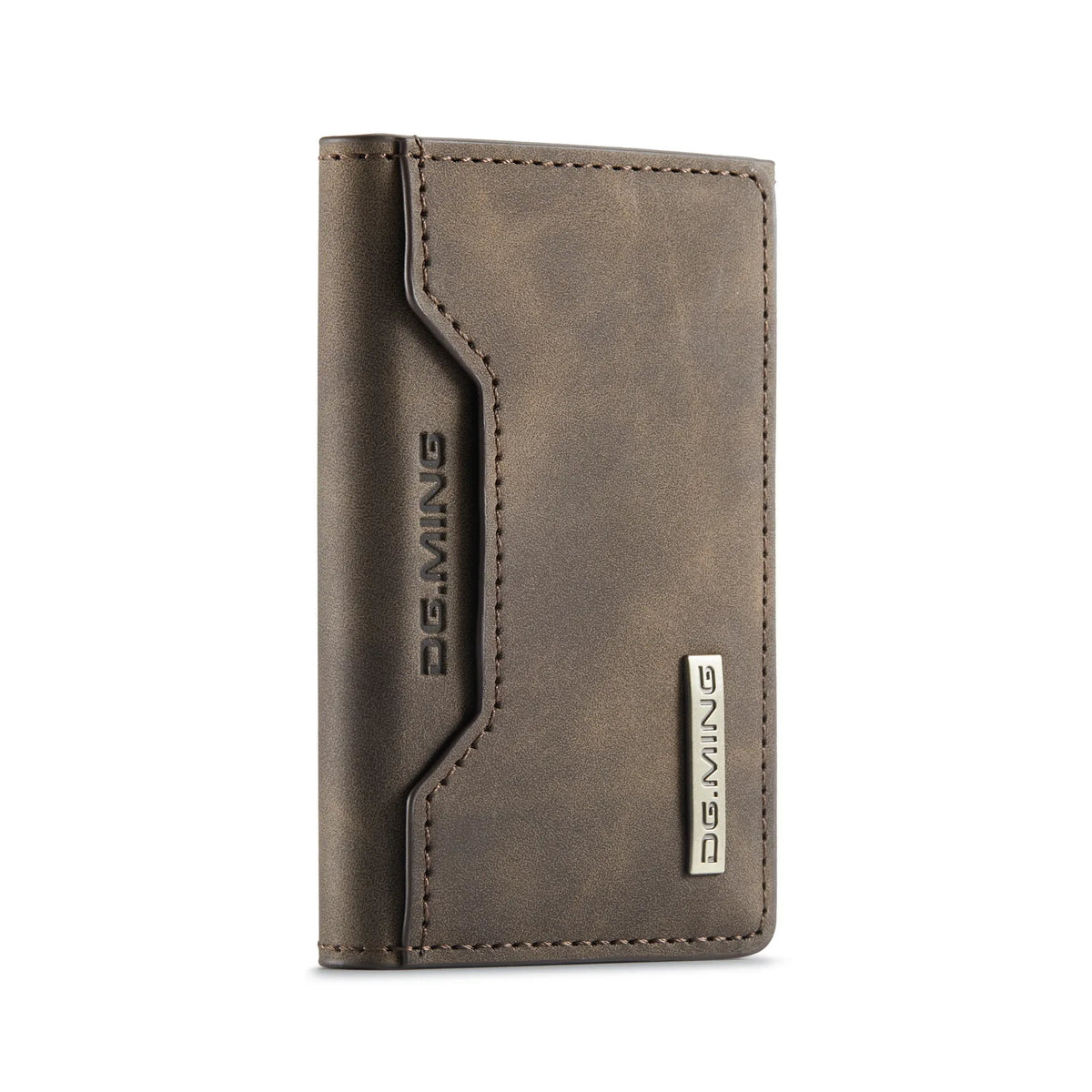 A dark brown leather trifold magnetic card holder wallet with embossed DGMING branding.
