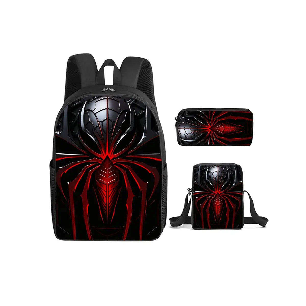 A black backpack and two black pouches featuring a red, stylized spider web design on a black background.