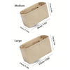 A beige felt tote bag organizer insert with a multi-pocket divider shown in medium and large sizes.