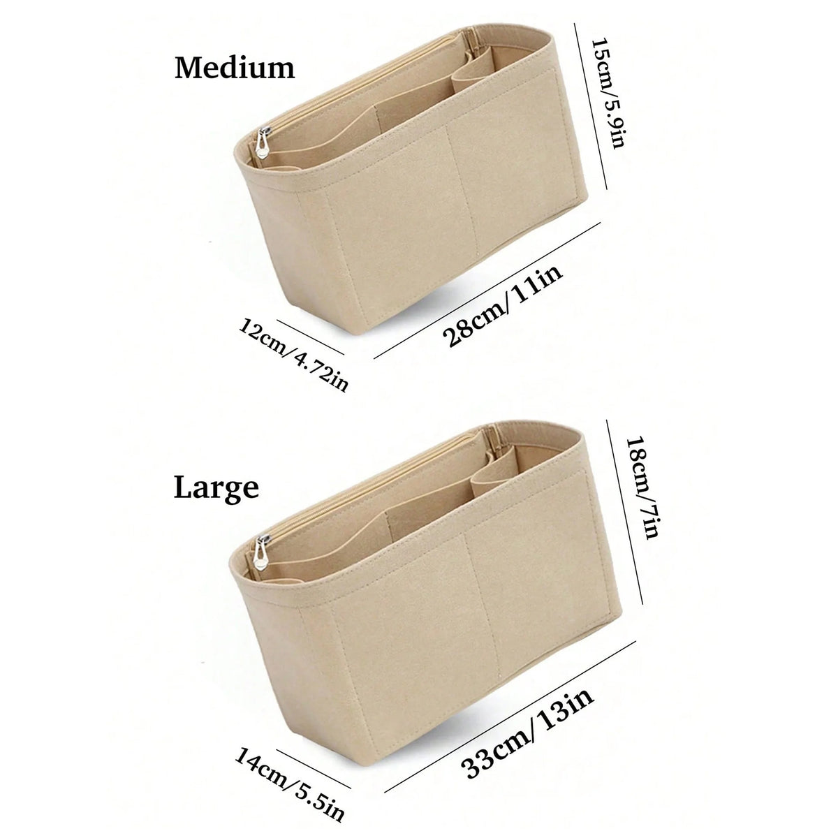 A beige felt tote bag organizer insert with a multi-pocket divider shown in medium and large sizes.
