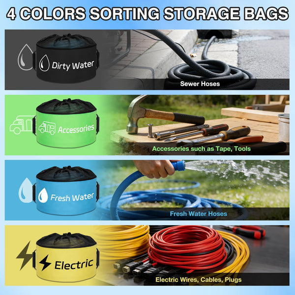 Four colored sorting storage bags for organizing dirty water, fresh water, and electric wires.