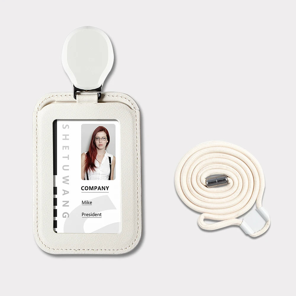 Adjustable Leather ID Card Holder with Neck Strap