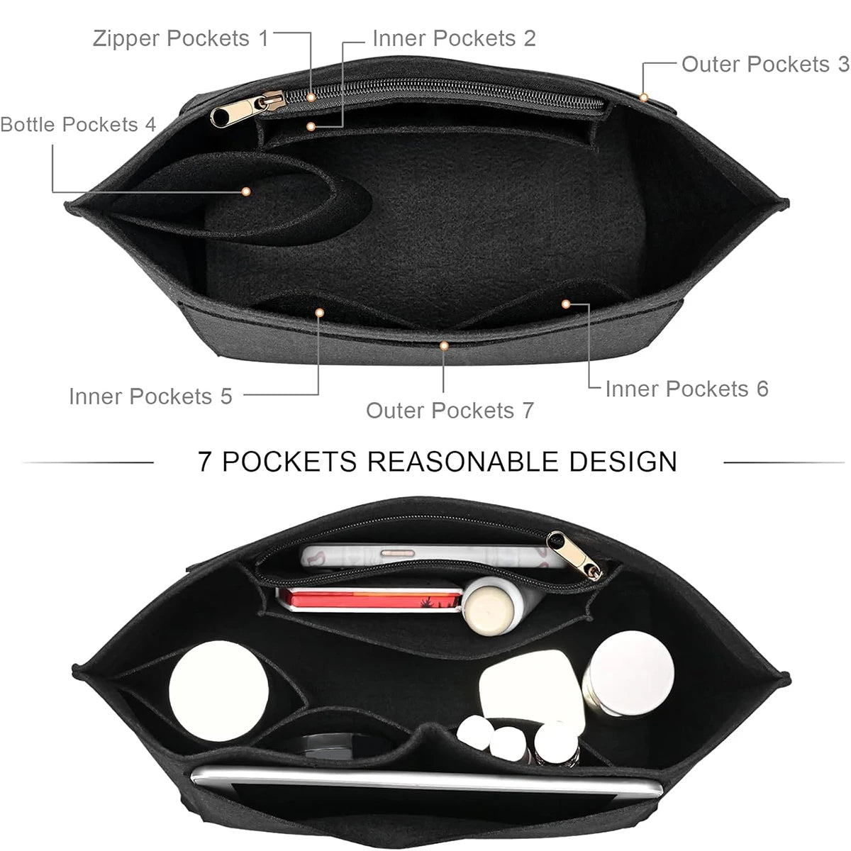 Black felt organizer insert for handbags showing various internal and external pockets