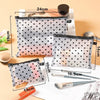 A collection of portable mesh cosmetic storage pouches in various sizes and colors displayed on a white background.