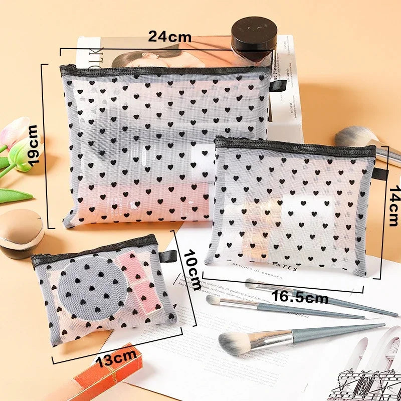 A collection of portable mesh cosmetic storage pouches in various sizes and colors displayed on a white background.