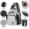 A gray multi-use adjustable chest and shoulder bag with various features like anti-theft buckle, breathable mesh, and waterpr
