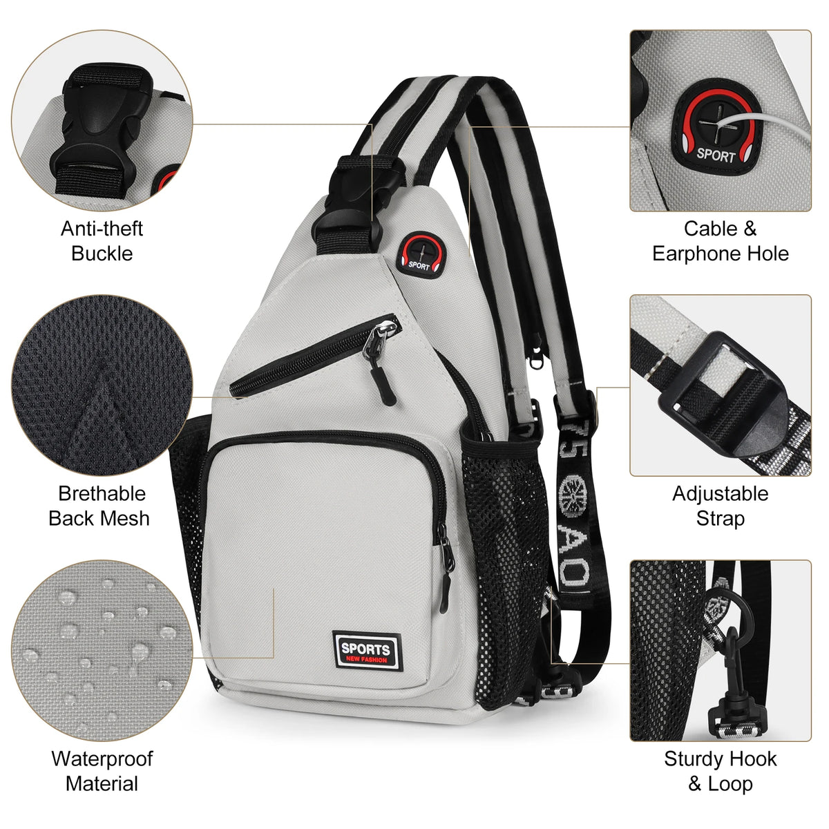 A gray multi-use adjustable chest and shoulder bag with various features like anti-theft buckle, breathable mesh, and waterpr