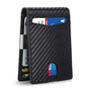 A black slim leather card wallet for men with a slot for a credit card.
