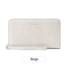 A beige slim RFID-blocking PU leather wallet with a zipper closure shown in a neutral tone.