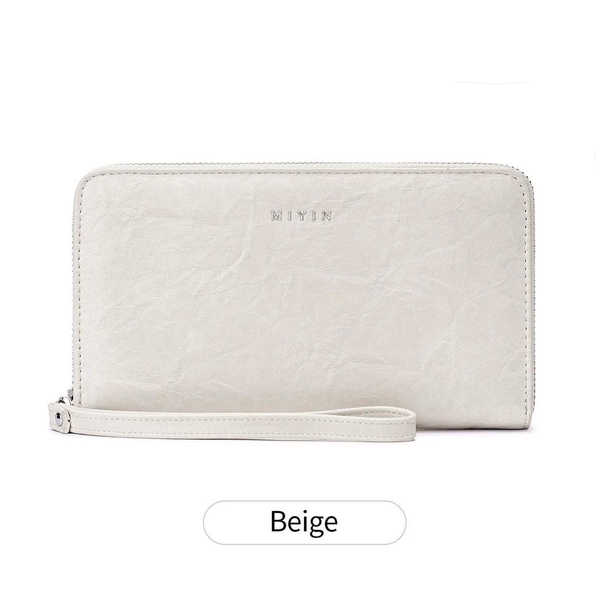 A beige slim RFID-blocking PU leather wallet with a zipper closure shown in a neutral tone.