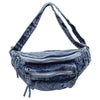 Sac bandoulière en denim vintage bleu foncé délavé avec fermeture éclair.