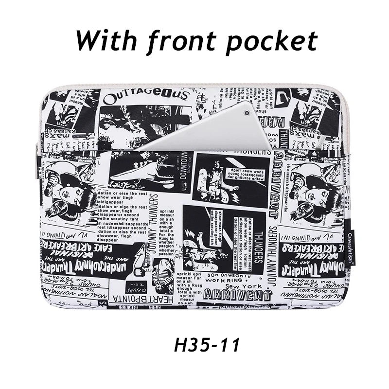 A black laptop sleeve with a front pocket and various text designs on the exterior.
