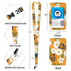 A yellow and orange floral patterned badge reel with a detachable buckle, keychain, and neck strap lanyard.