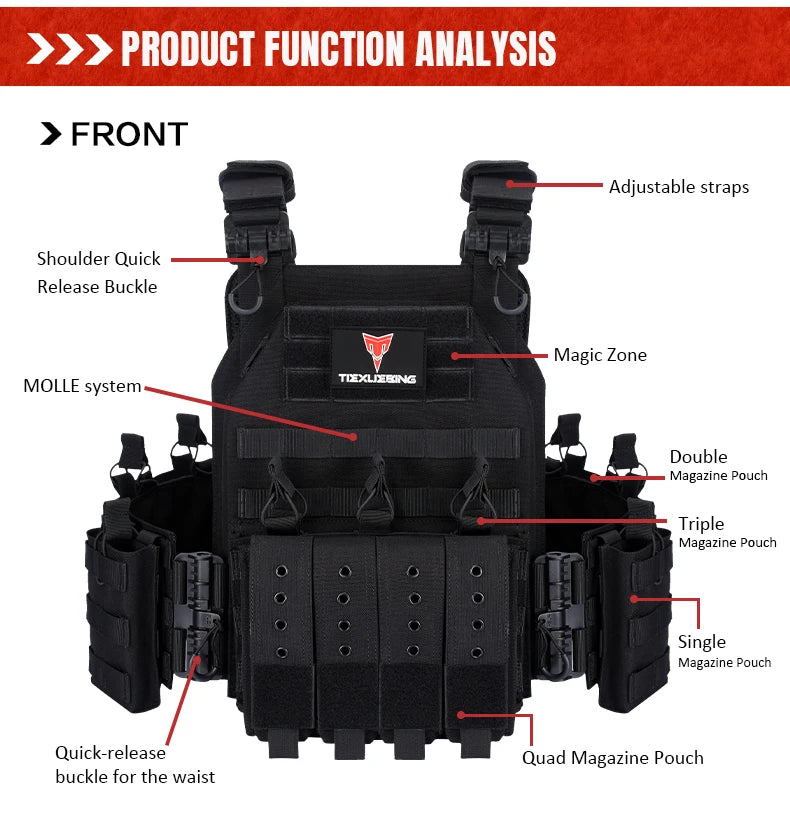 Front view of a black tactical plate carrier vest showing adjustable straps, a magic zone, and various magazine pouches.