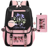 A pink and black canvas backpack featuring a funny print design of girls.