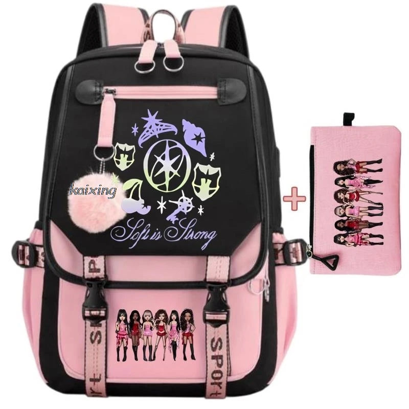 A pink and black canvas backpack featuring a funny print design of girls.