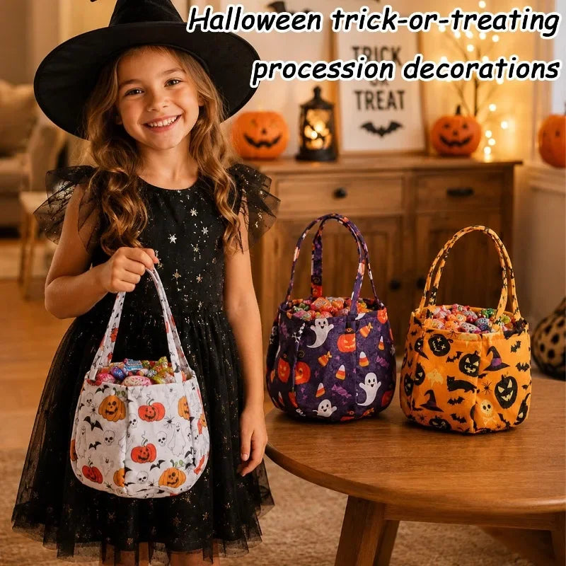 A smiling girl holds a Halloween non-woven tote bag decorated with ghost, bat, and skull designs.