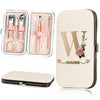 A beige cosmetic case containing a 7-piece stainless steel nail clipper set and a large notebook style storage case.