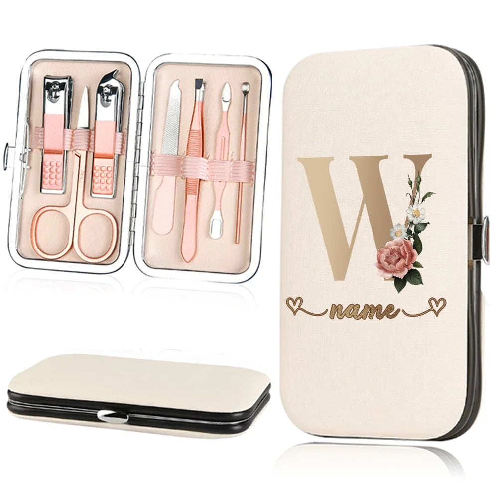A beige cosmetic case containing a 7-piece stainless steel nail clipper set and a large notebook style storage case.