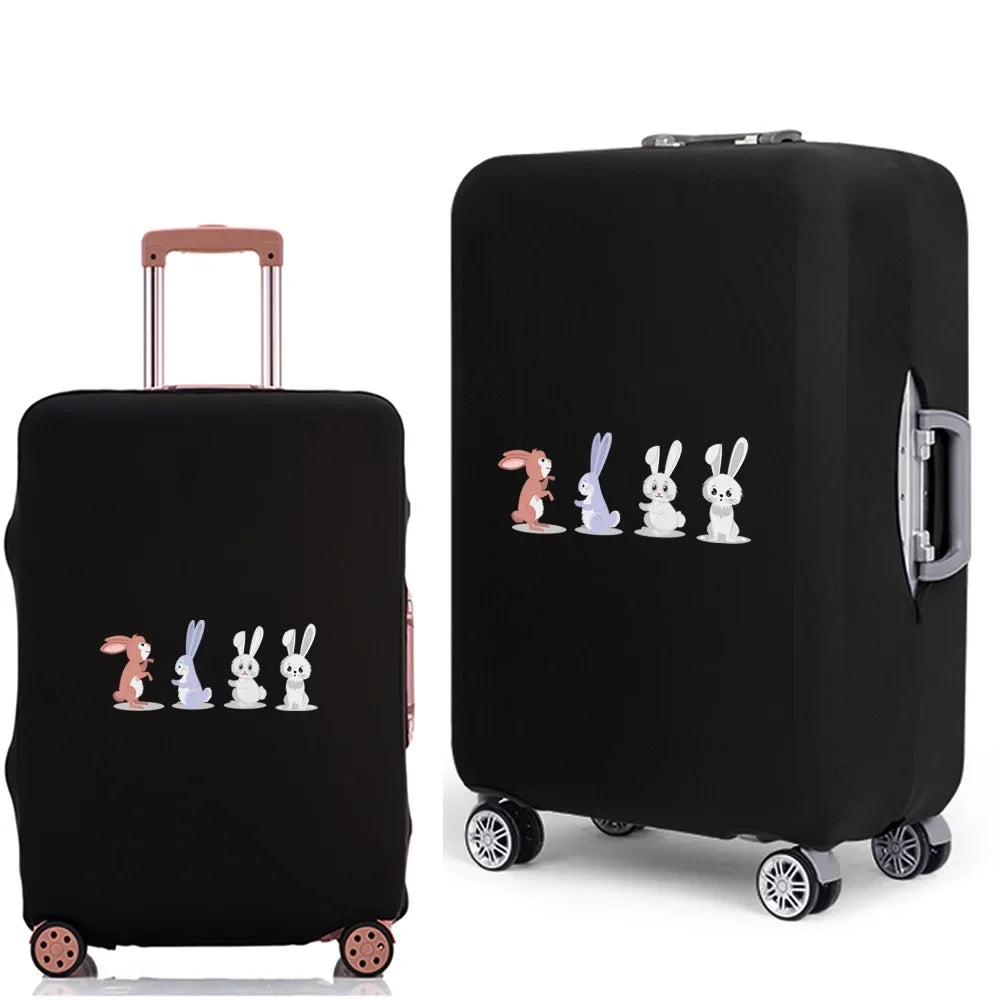Black elastic luggage cover with a white cartoon rabbit print shown in a side view.