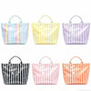 A collection of six striped tote bags in various colors including pink, yellow, purple, black, and orange.