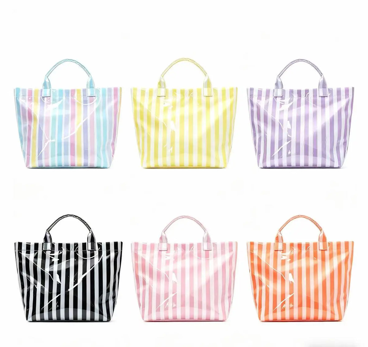 A collection of six striped tote bags in various colors including pink, yellow, purple, black, and orange.
