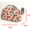 A beige and red polka dot PU leather travel duffel bag shown with its dimensions.