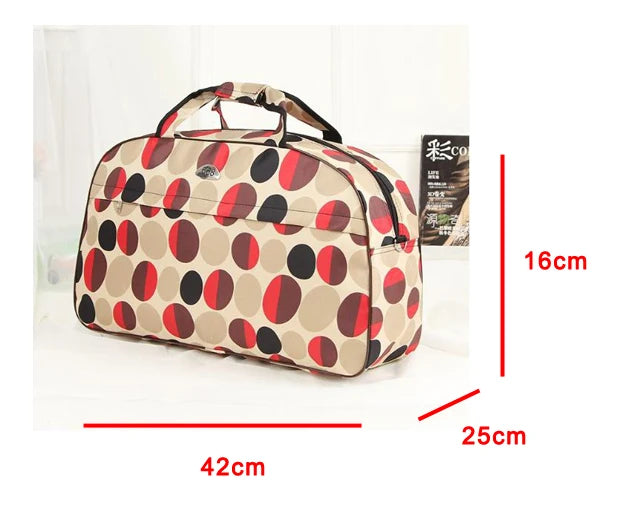 A beige and red polka dot PU leather travel duffel bag shown with its dimensions.