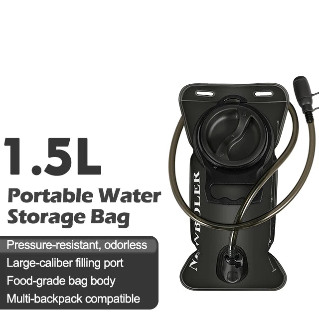 A black portable water storage bag with a pressure-resistant design and a hose for hydration.