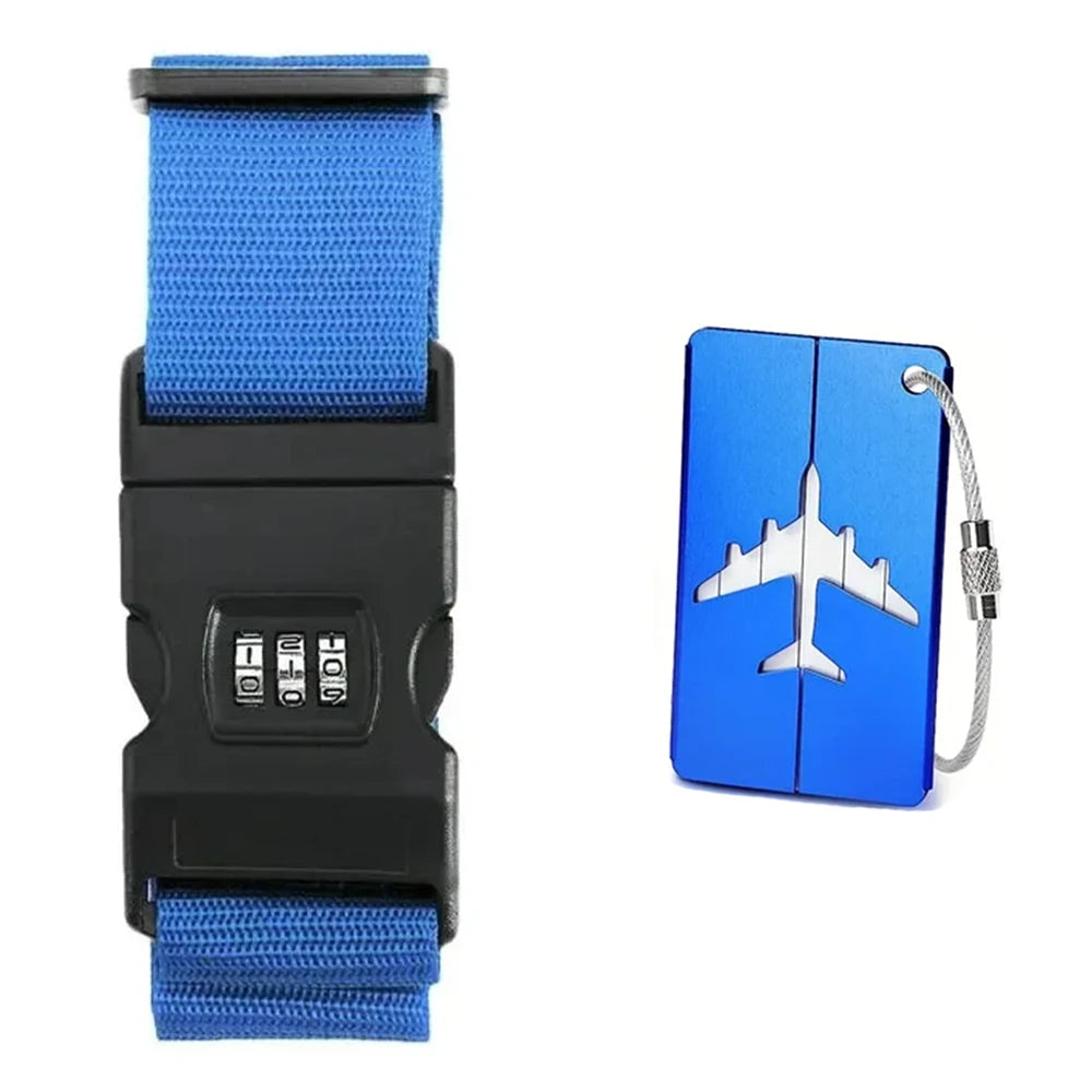 A black strap with blue nylon webbing and a blue plastic card featuring a white airplane silhouette.