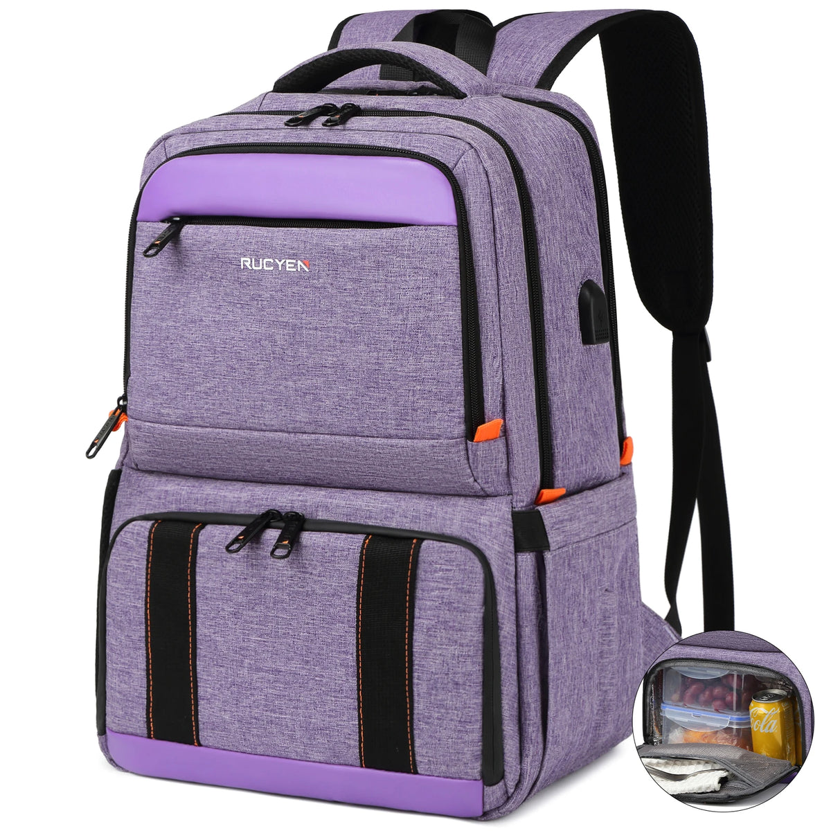 A purple insulated lunch and picnic backpack with black accents and a black strap.
