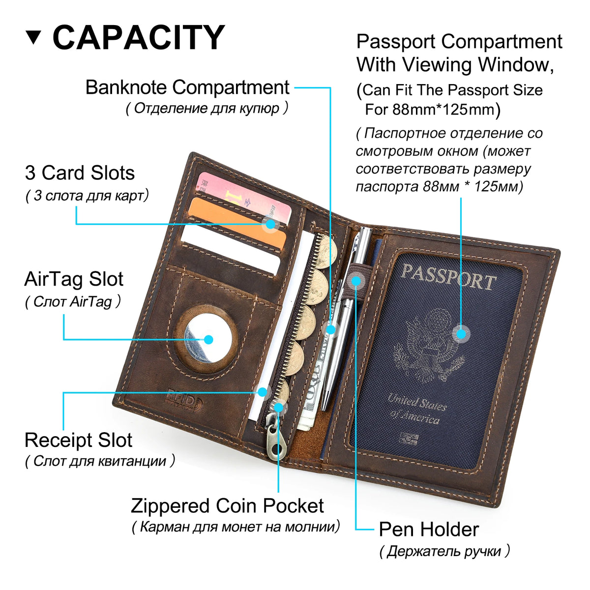 A brown leather passport card holder showing various slots including a viewing window and coin pocket