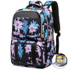 A purple and blue floral patterned insulated lunch and picnic backpack