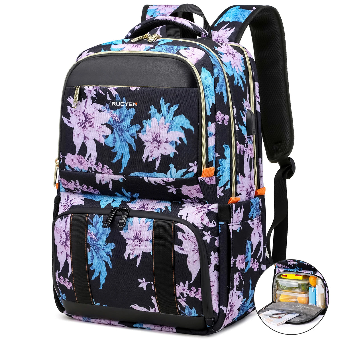 A purple and blue floral patterned insulated lunch and picnic backpack