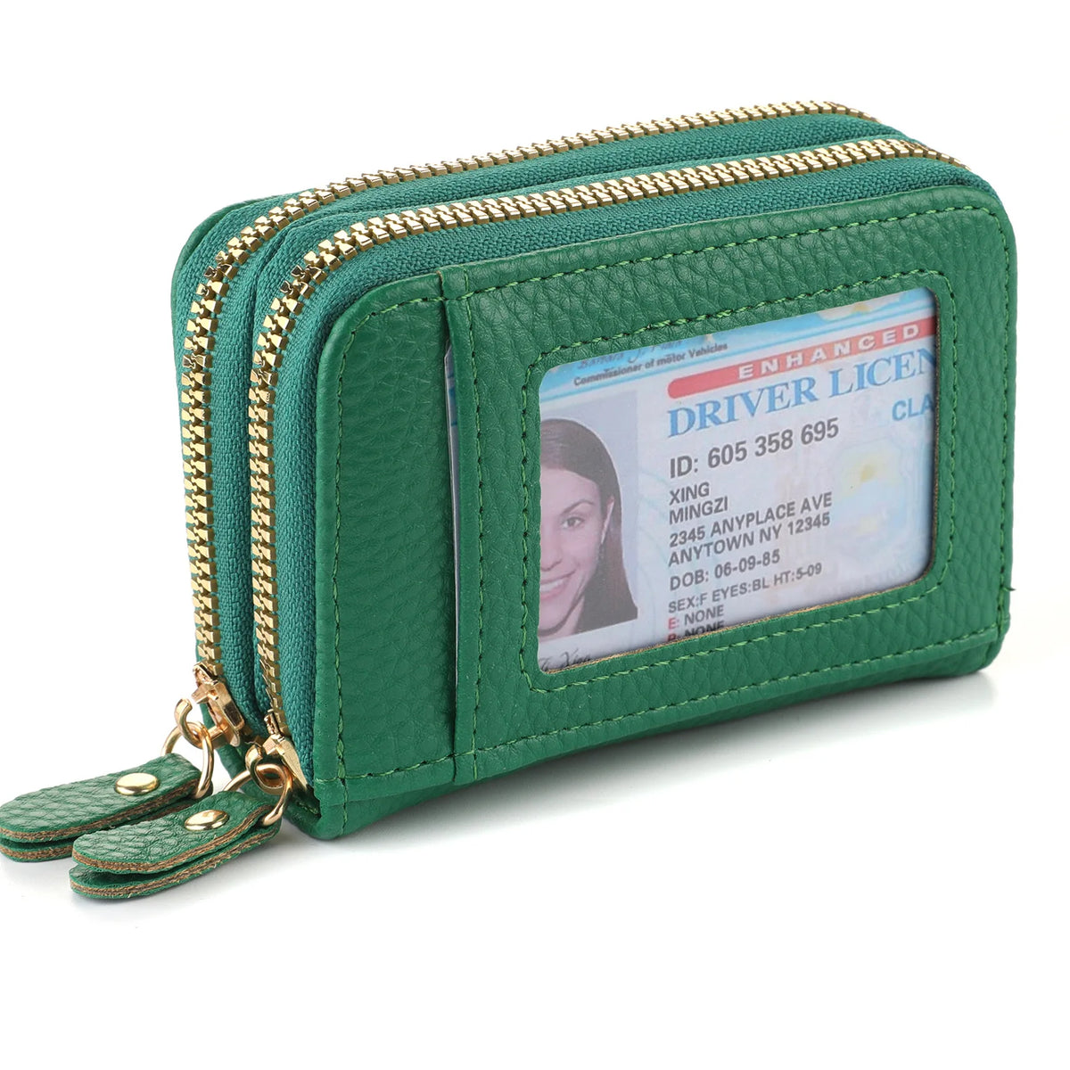 A dark green zippered wallet with a gold zipper and an ID card visible inside.