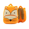 An orange cartoon fox plush backpack with tan ears and a brown strap.