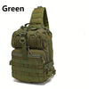 A green versatile sling backpack shown from the back, featuring multiple compartments and straps.