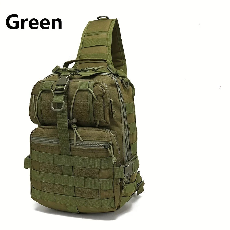 A green versatile sling backpack shown from the back, featuring multiple compartments and straps.