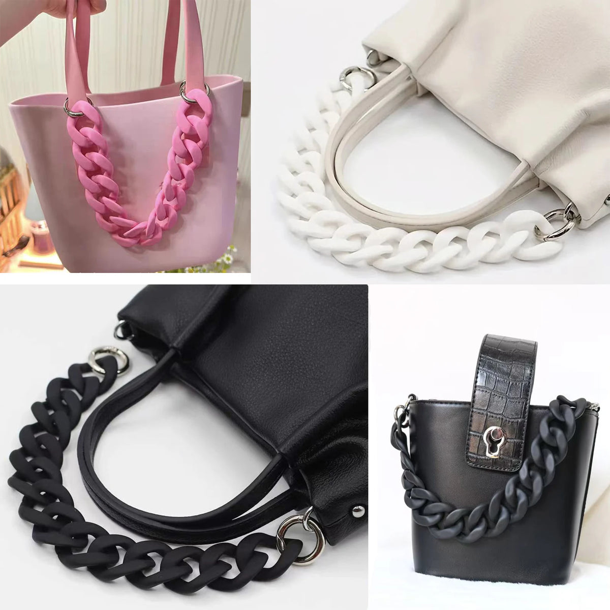 Black handbag with a chunky chain shoulder strap and a pink handbag with a white chain strap.