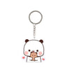 A white and brown cartoon panda resin keychain charm with a silver ring.