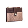 A brown leather folding wallet with a gold zipper and light pink stitching.