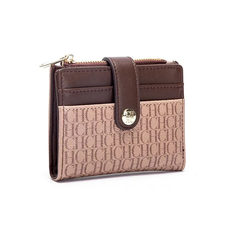 A brown leather folding wallet with a gold zipper and light pink stitching.