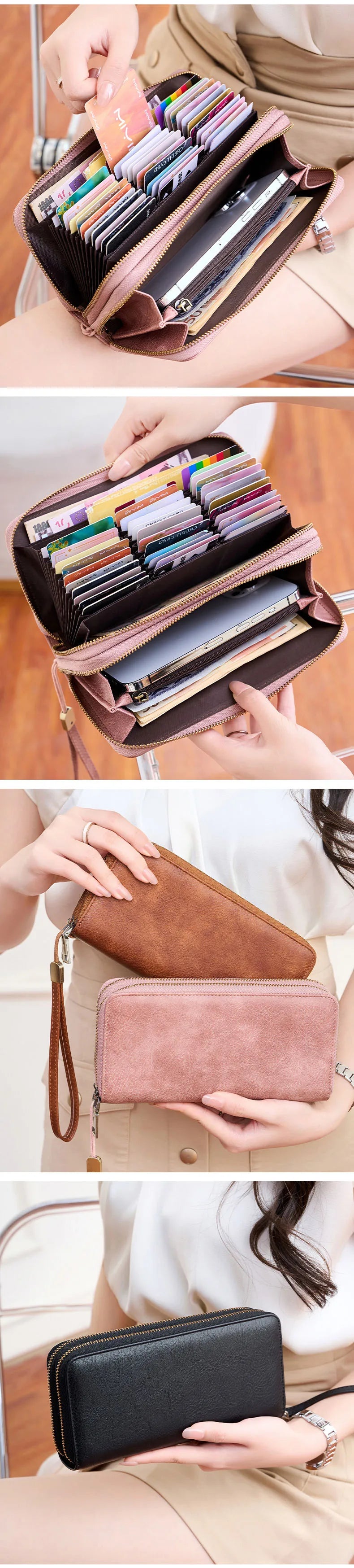 A close-up of a leopard print RFID-blocking tri-fold wallet in brown leather being held by a hand.