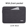 Black laptop sleeve with a front pocket and a silver laptop visible inside.