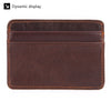 Braunes echtes Kuhleder-Kart-Halter-Wallet mit gestickter Kante und dynamischer Anzeige.