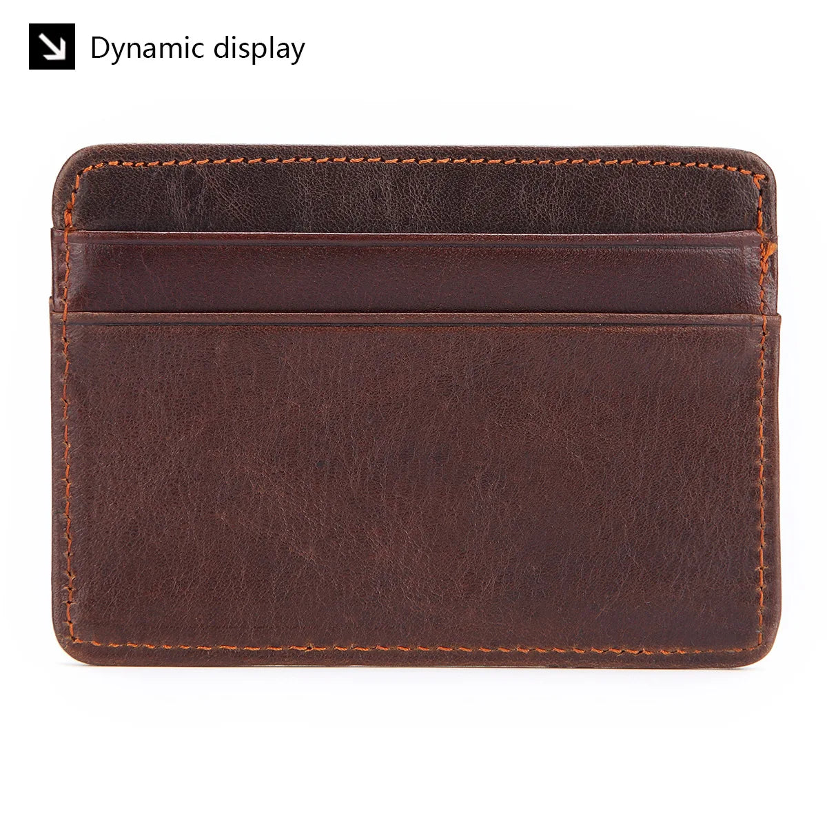 Braunes echtes Kuhleder-Kart-Halter-Wallet mit gestickter Kante und dynamischer Anzeige.